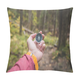 Personality  A Beautiful Male Hand With A Yellow Watch Strap Holds A Magnetic Compass In The Coniferous Autumn Forest. The Concept Of Finding Yourself The Way And Truth Pillow Covers