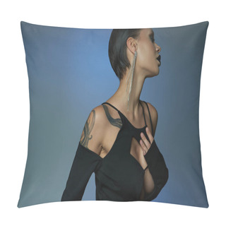 Personality  Tattooed Woman In Black Stylish Dress And Dark Makeup On Blue And Grey Backdrop, Magic Beauty Pillow Covers