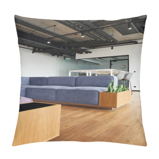 Personality  Soft And Comfortable Couch Near High Table And Chairs In Spacious Lounge Of Contemporary Office, Coworking Environment, High Tech Style Interior, Workspace Organization Concept Pillow Covers