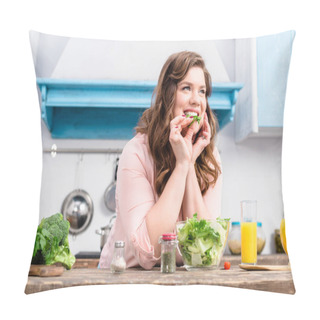 Personality  Overweight Smiling Woman At Table With Fresh Salad In Kitchen At Home Pillow Covers