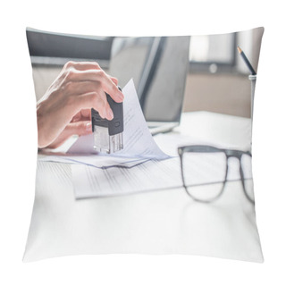 Personality  Cropped View Of Businesswoman Putting Stamp In Document At Workplace On Blurred Background Pillow Covers