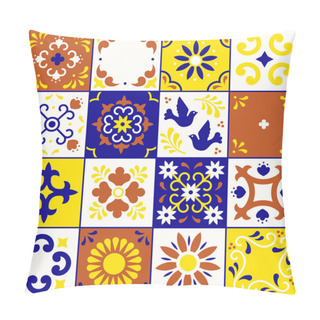 Personality  Mexican Talavera Pattern. Ceramic Tiles With Flower, Leaves And Bird Ornaments In Traditional Style From Puebla. Mexico Floral Mosaic In Blue, Terracotta, Yellow And White. Folk Art Design. Pillow Covers