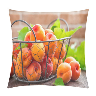 Personality  Fresh Apricots With Leaves In Basket On Wooden Table Pillow Covers
