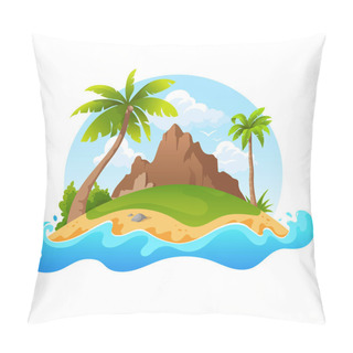 Personality  Tropical Island With Mountain And Palm Trees Isolated On White Background. Cartoon Uninhabited Island Surrounded By Water. Vector Illustration. Pillow Covers