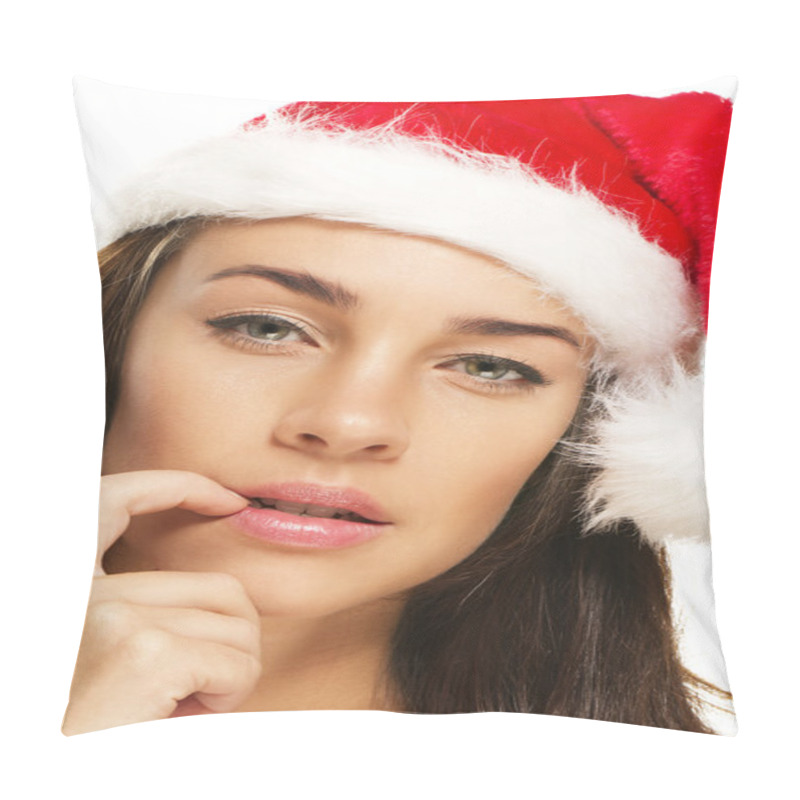 Personality  Young Woman Wearing Santas Hat Put Her Fingertip To Her Mouth Pillow Covers