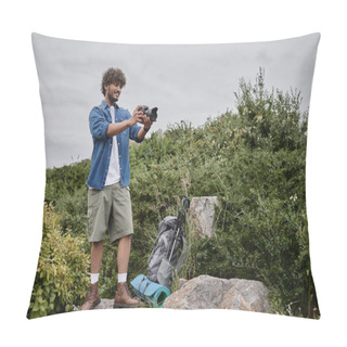 Personality  Adventure And Photography Concept, Happy Indian Man Taking Photo On Camera In Natural Place, Banner Pillow Covers