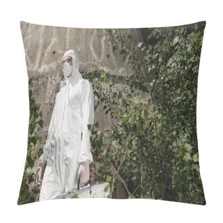 Personality  Low Angle View Of Ecologist With Inspection Kit Standing Near Plants Pillow Covers