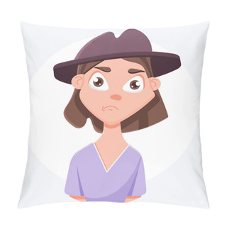 Personality  Portrait Of A Girl With A Displeased Expression. Angry Girl In A Hat Pillow Covers
