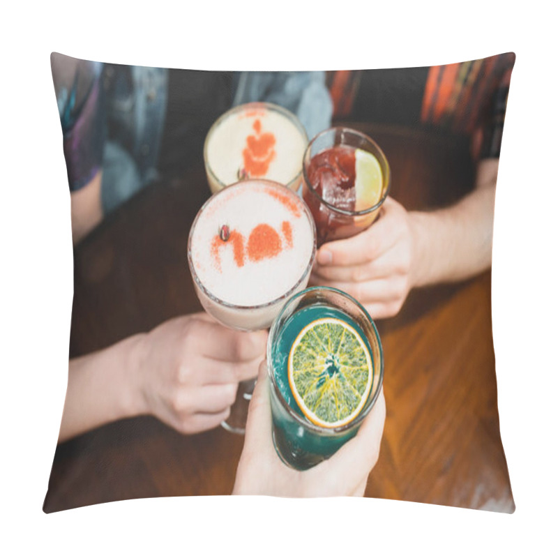Personality  Cropped View Of Friends Clinking With Different Cold Cocktails In Bar  Pillow Covers