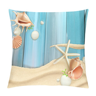 Personality  Seashells On Sand And Wooden Background Pillow Covers
