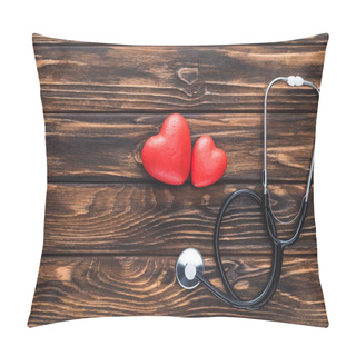 Personality  Top View Of Stethoscope And Red Hearts Symbol On Wooden Table Top   Pillow Covers