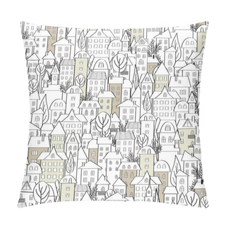 Personality  Pattern With Hand Drawn Doodle Houses. Illustration With Cute Town Roofs And Trees. Seamless Background In Black And White. Vector Pillow Covers