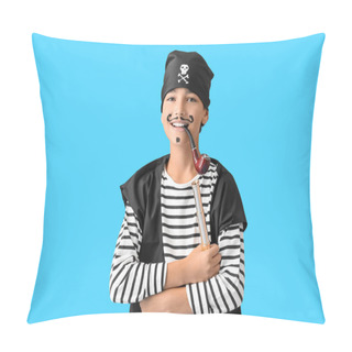 Personality  Little Boy Dressed As Pirate With Spyglass And Smoking Pipe On Blue Background Pillow Covers
