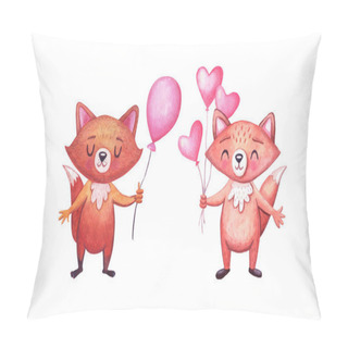Personality  Cute Watercolor Foxes For Birthday Party With Balloon. Set Of Characters On White. Animals For Celebrations Pillow Covers