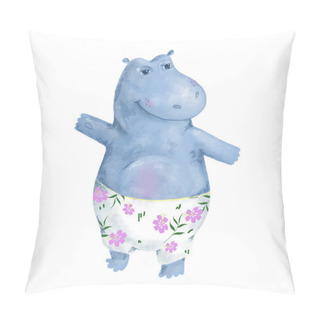 Personality  Funny Dancing Hippo Watercolor Character. Digital Art Animal Blue Hippopotamus. Tropical Summer Set Illustration On White Background. Pillow Covers
