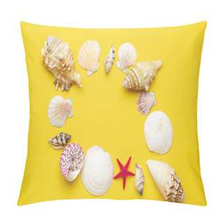 Personality  Summer Sale. White Seashells, Red Starfish In Shape Frame Isolated On Yellow Background. Hello Summer Is Coming Concept Pillow Covers