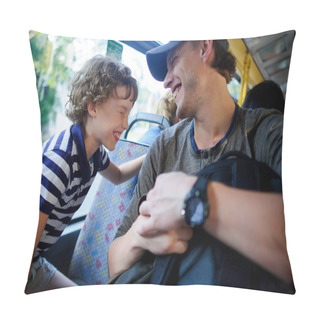 Personality  The Young Man Goes By The Bus Together With The Son. Pillow Covers