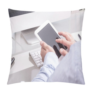 Personality  Anonymous Business Man Typing On Mobile Device On Office Desk, V Pillow Covers