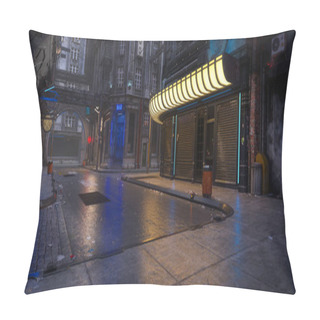Personality  Wide Cinematic View Of A Dark Downtown Street In A Dystopian Future Cyberpunk City On A Wet Night. 3D Rendering. Pillow Covers