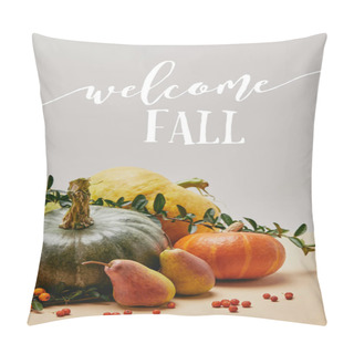 Personality  Autumnal Decoration With Pumpkins, Firethorn Berries And Ripe Yummy Pears On Tabletop With WELCOME FALL Lettering Pillow Covers