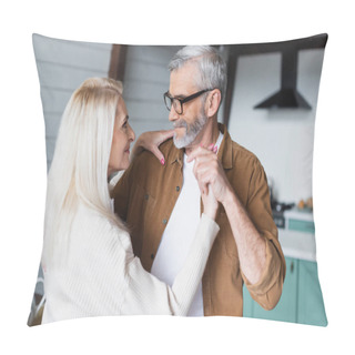 Personality  Smiling Woman Looking At Husband While Dancing At Home  Pillow Covers