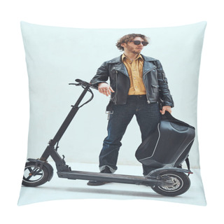 Personality  Successful And Daring, Young Male Model Posing In A Studio For The Photoshoot Wearing Fashionable Leather Coat And Sunglasses, Looking Cool And Modern While Sitting On A Scooter Pillow Covers