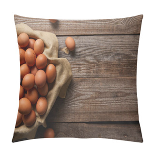 Personality   Top View Of Chicken Eggs At Cloth On Wooden Table Pillow Covers