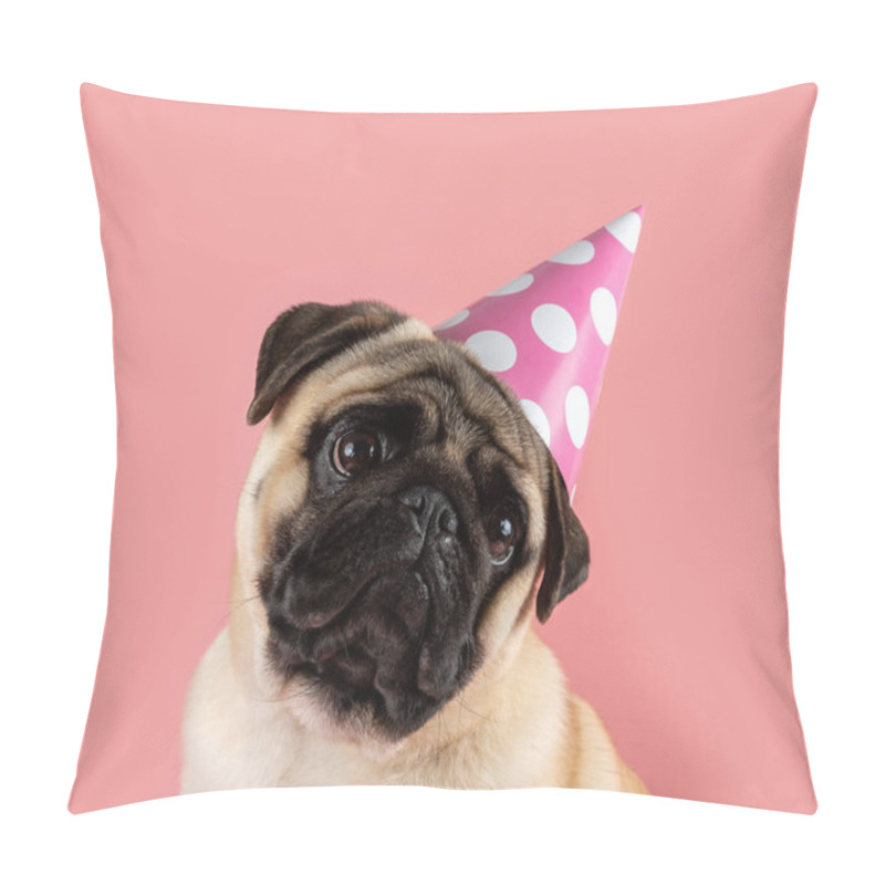 Personality  Funny Pug dog wearing happy birthday hat on pink background. pillow covers