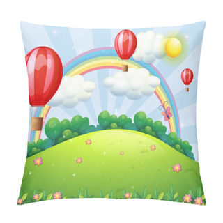 Personality  Floating Balloons At The Hilltop With A Rainbow Pillow Covers