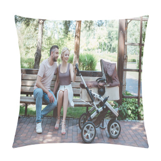 Personality  Father And Mother Sitting On Bench Near Baby Carriage In Park Pillow Covers