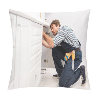 Personality  Side View Of Plumber In Tool Belt Fixing Sink In Kitchen  Pillow Covers