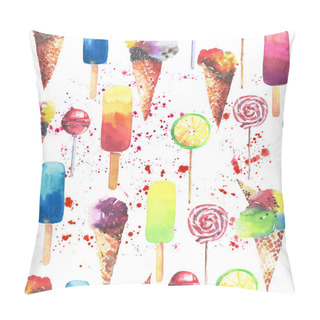 Personality  Beautiful Bright Colorful Delicious Tasty Yummy Cute Summer Dessert Frozen Juice Ice Cream In A Waffle Horn Candies On A Sticks Pattern Watercolor Hand Illustration Pillow Covers
