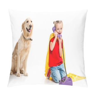 Personality  Beige Dog With Smiling Little Supergirl Talking On Phone And Wearing Yellow Cape Isolated On White Pillow Covers