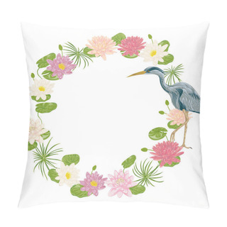 Personality  Wreath With Crane Bird And Water Lily. Oriental Motif. Vintage Vector Illustration In Watercolor Style Pillow Covers