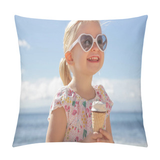 Personality  Adorable Toddler Girl Eating Ice Cream. Portrait Of Child Wearing Sunglasses And Holding An Ice Cream With Beautiful Blue Sea And Sky Behind. Happy Summer Vacation On The Beach. Pillow Covers