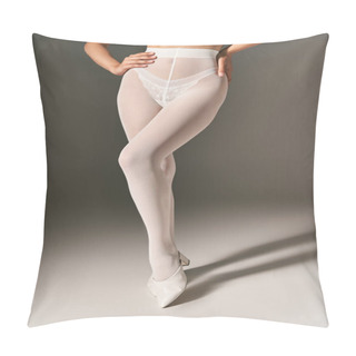 Personality  Cropped View Of Slim Woman In In Sheer White Tights And High Heels Posing On Grey Background Pillow Covers