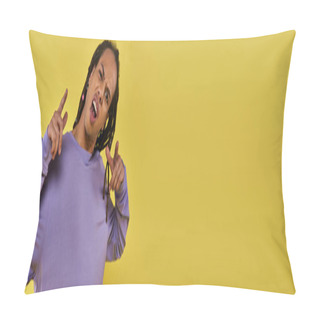 Personality  Puzzled And Shocked African American Man In Purple Sweatshirt With Piercing Pointing Fingers, Banner Pillow Covers