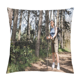 Personality  Young Short Haired Female Hiker With Backpack And Travel Equipment Holding Trekking Poles And Looking At Camera While Standing In Summer Forest , Hiking For Health And Wellness Concept  Pillow Covers