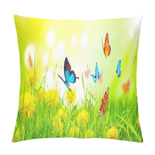 Personality  Flying Butterfly In Spring Morning. Panoramic View. Pillow Covers