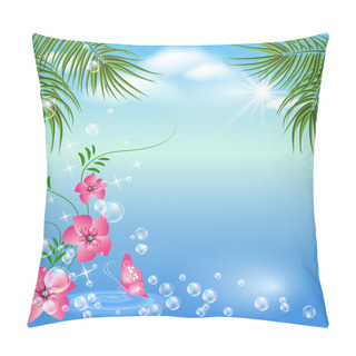 Personality  Marine Landscape With Palm Trees And Flowers Pillow Covers