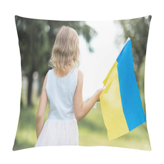 Personality  Back View Of Little Girl With Fluttering Blue And Yellow Flag Of Ukraine Walking In Field At Sunny Summer Day, Ukraine Independence Day Concept Pillow Covers