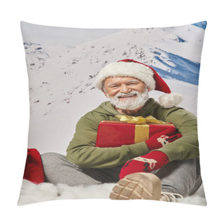 Personality  Joyful White Bearded Man Dressed As Santa Sitting On Snow With Present In Hands, Winter Concept Pillow Covers