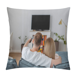 Personality  Back View Of Man And Woman Sitting Near Flat Panel Tv With Blank Screen Pillow Covers