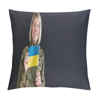 Personality  Smiling Woman In Military Uniform Showing Small Ukrainian Flag Isolated On Black, Banner Pillow Covers