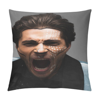 Personality  Angry Man In Halloween Makeup Shouting At Camera Isolated On Grey Pillow Covers