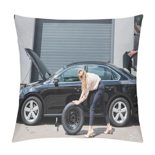 Personality  Businesswoman Rolling New Wheel And Fixing Broken Auto, Car Insurance Concept Pillow Covers