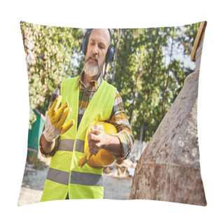 Personality  Hardworking Cottage Builder In Safety Gloves And Vest Posing With Headphones And Helmet On Site Pillow Covers