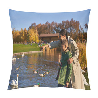 Personality  Bonding, Happy African American Woman Pointing With Finger At Swans In Pond, Mother And Son, Smile Pillow Covers
