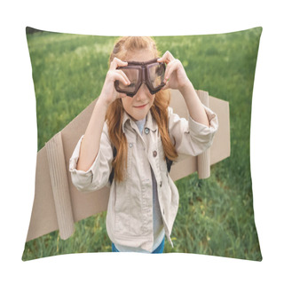 Personality  Portrait Of Little Child In Pilot Costume Wearing Protective Eyeglasses In Summer Field Pillow Covers