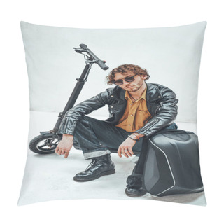 Personality  Serious Looking Young Adult Caucasian Man Posing In A Bright Studio On A White Background, Wearing Leather Jacket And Sunglasses While Sitting On His Scooter With A Backpack Pillow Covers